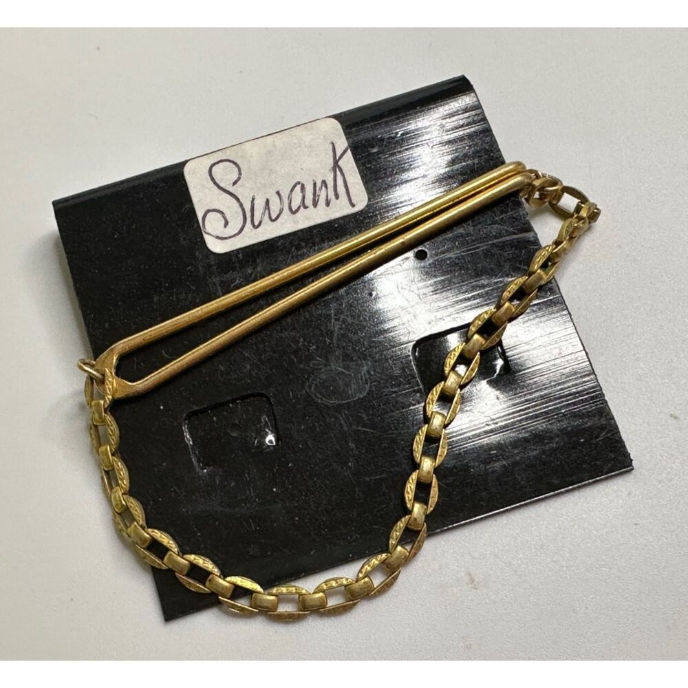 Vintage Gold Tone Square Link Box Chain SWANK Tie Bar Clip